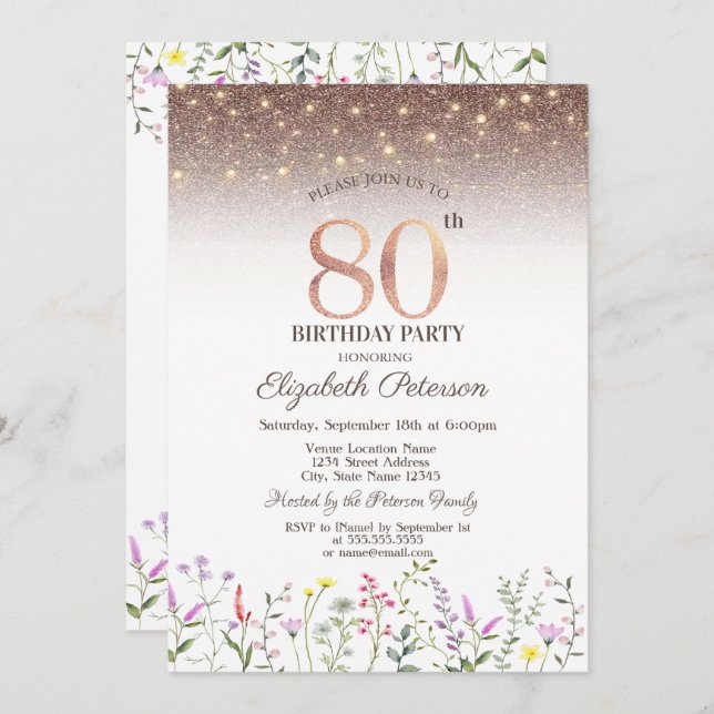  Wildflowers,String Lights Glitter 80th Birthday   Invitation (Front/Back)