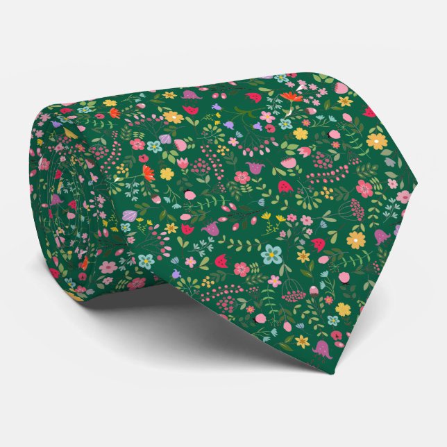 Wildflowers Stylish Floral Design on Dark Green Neck Tie (Rolled)