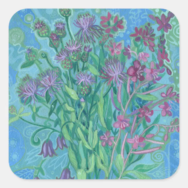 Wildflowers Summer Flowers Bouquet Floral Painting Square Sticker | Zazzle