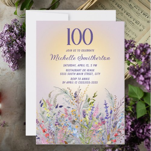 Wildflowers Sun Purple Womens 100th Birthday Invitation