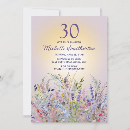 Wildflowers Sun Purple Womens 30th Birthday Invitation