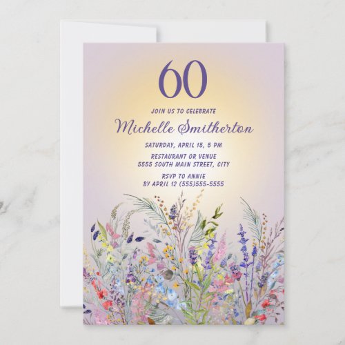 Wildflowers Sun Purple Womens 60th Birthday Invitation