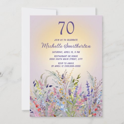 Wildflowers Sun Purple Womens 70th Birthday Invitation