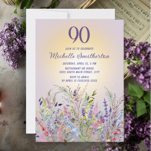 Wildflowers Sun Purple Womens 90th Birthday Invitation