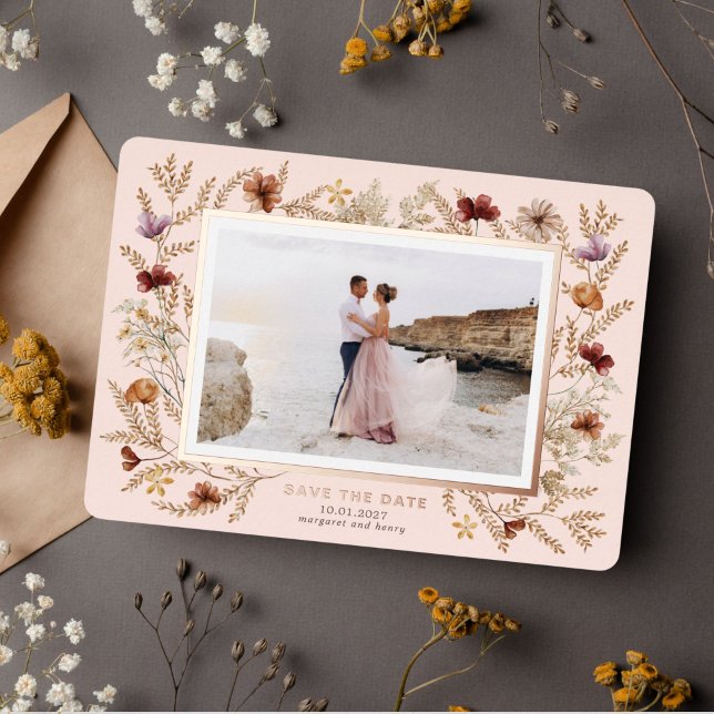 Wildflowers Surround Save the Date Foil Invitation (Creator Uploaded)