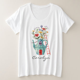 Wildflowers Teal Teapot Fairytale House Watercolor Plus Size T-Shirt