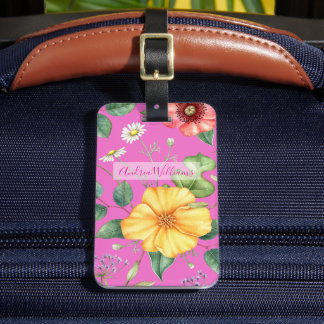 Wildflowers Vintage Drawing / Chick, Pink Luggage Tag