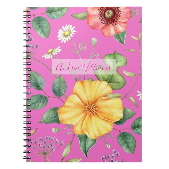 Wildflowers Vintage Drawing / Chick, Pink Notebook (Front)