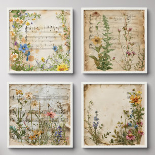 Wildflowers vintage music sheet floral set of four peel and stick photo tile