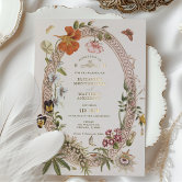 Gold Peonies Vintage Wedding Art Nouveau Foil Invitation