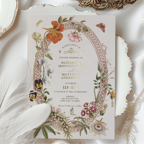 Wildflowers Vintage Wedding Invitation Mauve Rose Foil Invitation