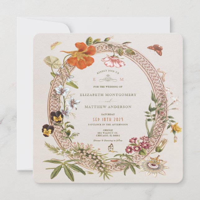 Wildflowers Vintage Wedding Mauve Rose Square Invitation (Front)