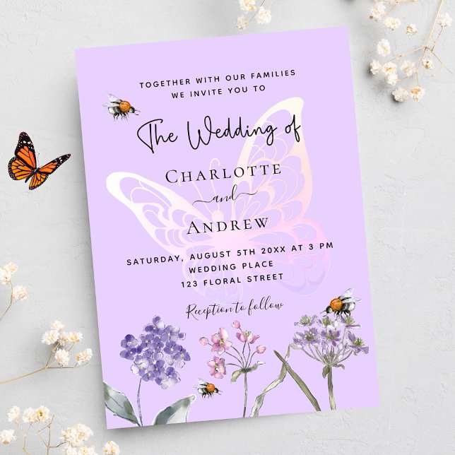 Wildflowers violet pink butterfly luxury wedding invitation (Creator Uploaded)