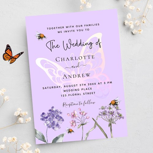 Wildflowers violet pink butterfly wedding invitation postcard