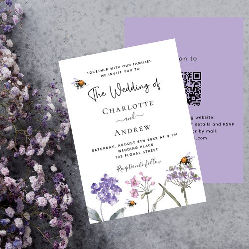 Wildflowers violet pink QR RSVP details wedding Invitation