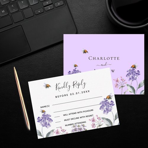 Wildflowers violet purple wedding response RSVP Note Card