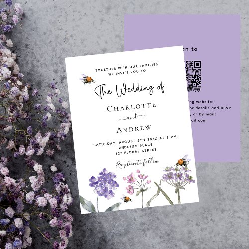 Wildflowers violet QR budget wedding invitation