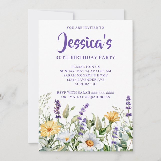 Wildflowers Watercolor Border 40th Birthday Invitation (Front)