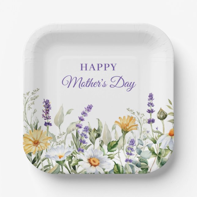 Wildflowers Watercolor Border Happy Mother's Day Paper Plates (Front)