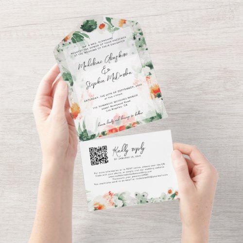 Wildflowers watercolor botanical QR Code All In One Invitation