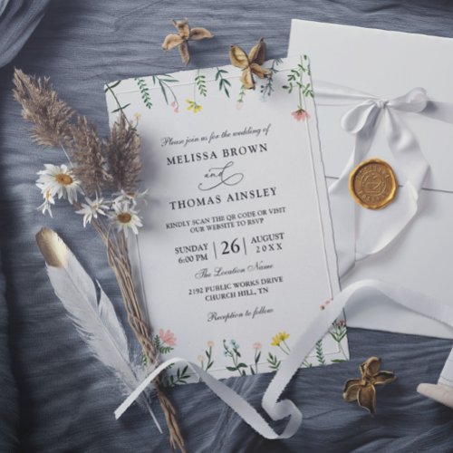 Wildflowers Watercolor Budget QR Code Wedding Invitation