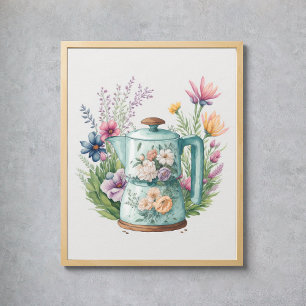 Wildflowers Watercolor Colorful Coffee Kettle Poster