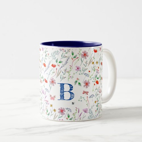 Wildflowers watercolor cute monogram name floral  Two_Tone coffee mug