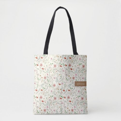 Wildflowers watercolor cute stylish name  tote bag
