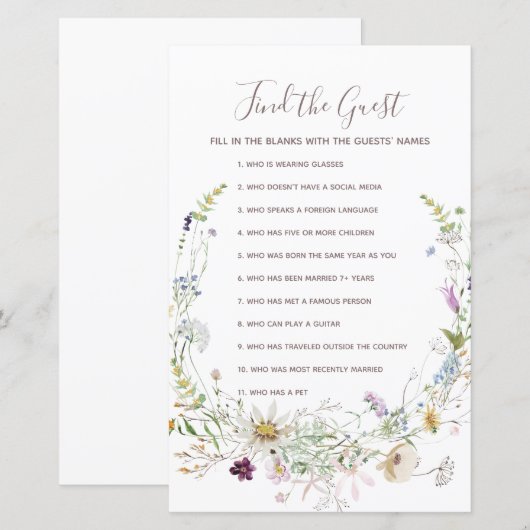 Wildflowers Watercolor Find the Guest game (Front/Back)