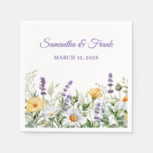 Wildflowers Watercolor Floral Border Wedding Napkins