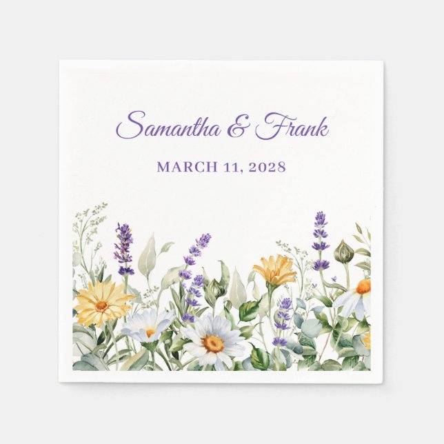 Wildflowers Watercolor Floral Border Wedding Napkins (Front)