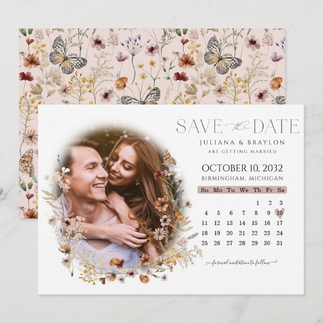 Wildflowers Watercolor Floral Calendar & Photo Save The Date (Front/Back)