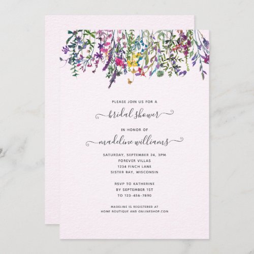 Wildflowers Watercolor Floral Pink Bridal Shower Invitation