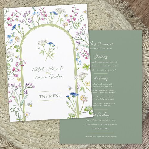 Wildflowers watercolor green wedding Flat Menu