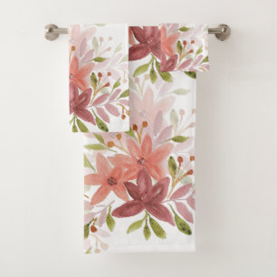 Wildflowers Watercolor in Blush, Burgundy, Green Bath Towel Set