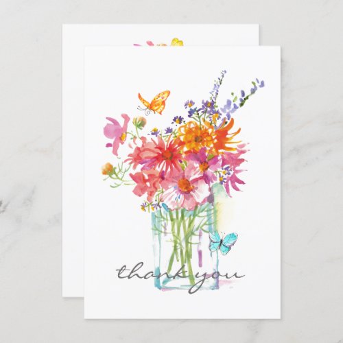 Wildflowers Watercolor in Vase Flat Thank You Card