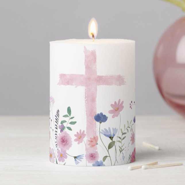wildflowers watercolor pink Holy Cross Pillar Candle (In Situ)