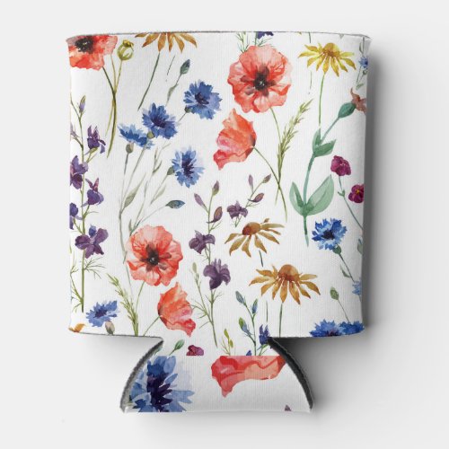 Wildflowers Watercolor Poppy Chamomile Background Can Cooler