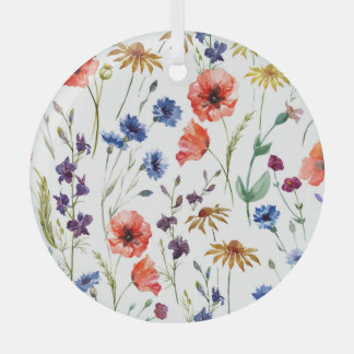 Wildflowers Watercolor Poppy Chamomile Background Glass Ornament