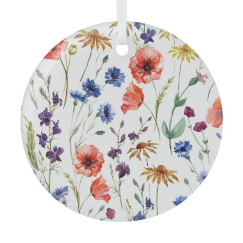 Wildflowers Watercolor Poppy Chamomile Background Glass Ornament