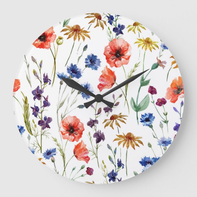 Wildflowers Watercolor Poppy Chamomile Background Large Clock (Front)