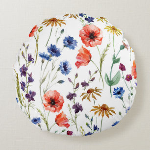 Wildflowers Watercolor Poppy Chamomile Background Round Pillow
