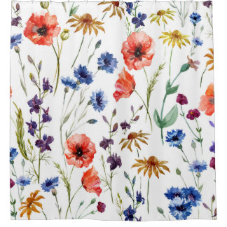 Wildflowers Watercolor Poppy Chamomile Background Shower Curtain