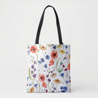 Wildflowers Watercolor Poppy Chamomile Background Tote Bag