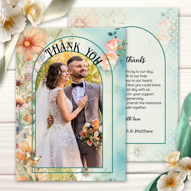 Wildflowers Watercolor Wedding Photo Thank You Card (Wedding Thank You card featuring your photo framed by a boho chic design with watercolor wildflowers)