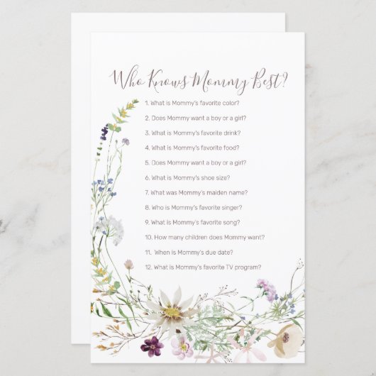 Wildflowers Watercolor Who Knows Mommy game (Front/Back)