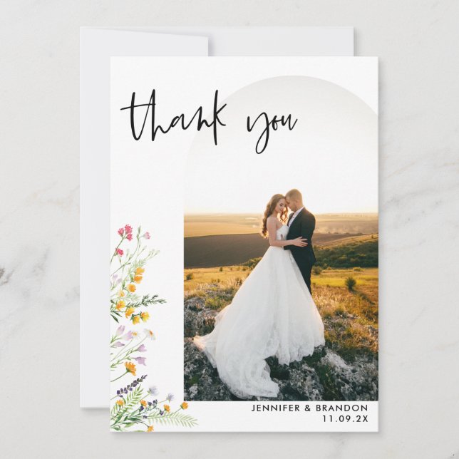 Wildflowers Wedding Arch Photo Thank you Card (Front)