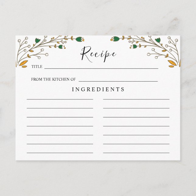 Wildflowers Wedding ,Boho Floral Recipe Card (Front)