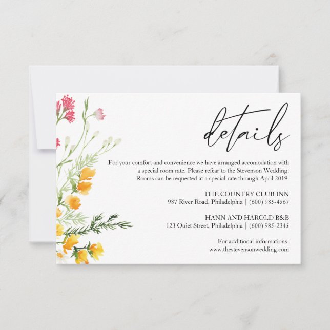 Wildflowers Wedding Details card (Front)