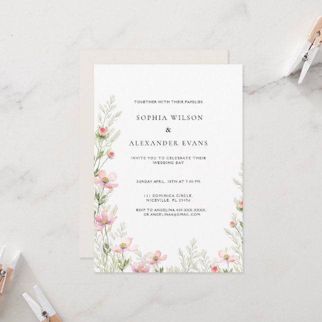 Wildflowers Wedding invitation in a soft romantic, (Front/Back In Situ)